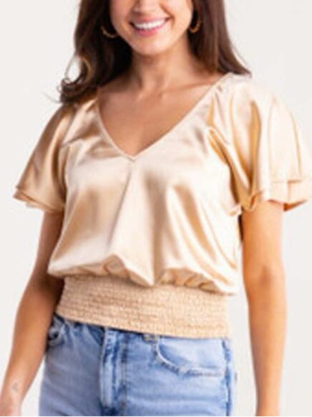 S’Edge satin V-Neck Smocked Hem Top — Beige
